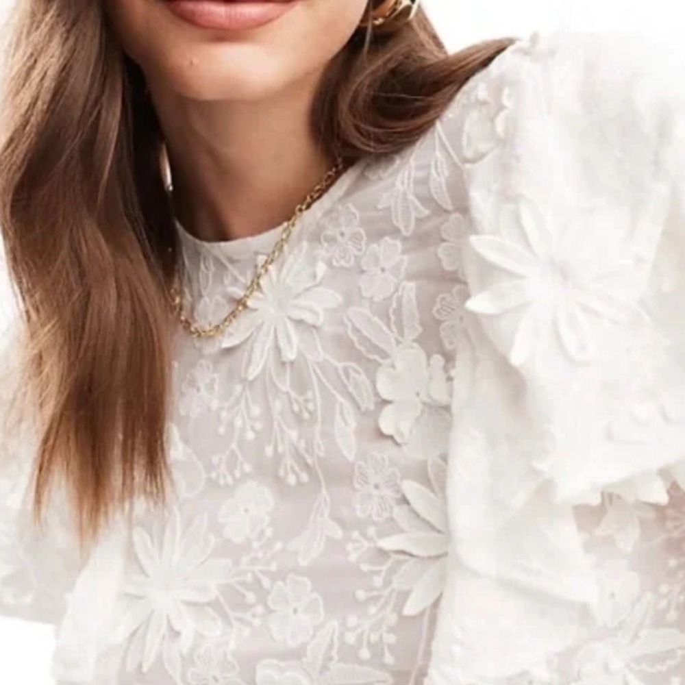 House of‎ Harlow 1960 Cream Floral Appliqué Embroidered Ruffle Blouse Top Small